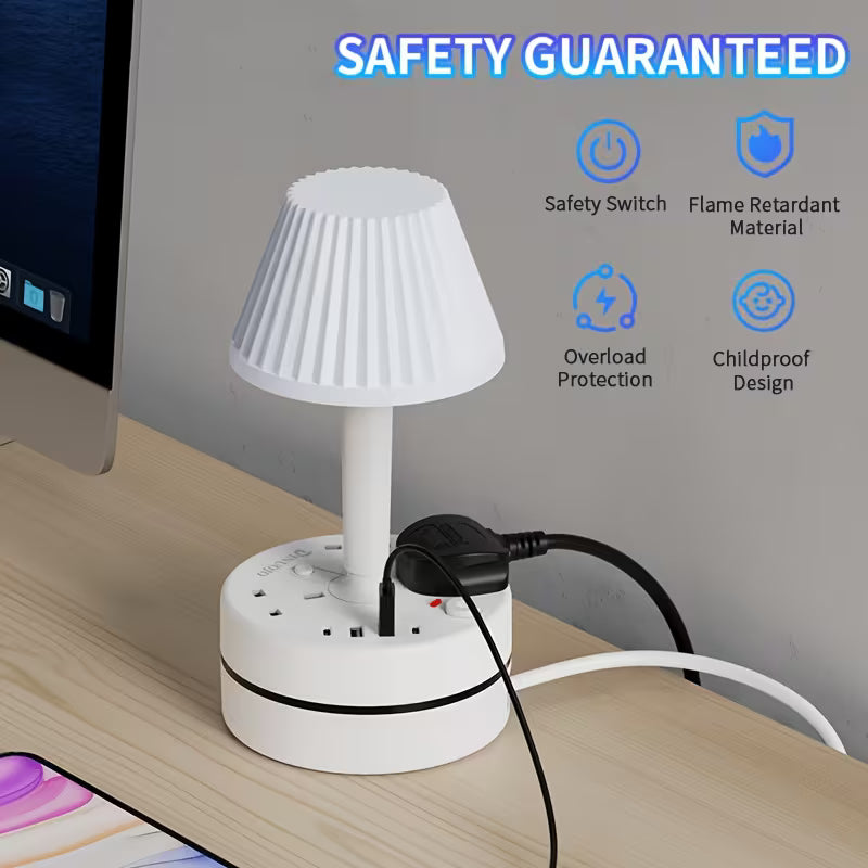 Smart LED Desk Lamp with USB & AC Power Strip Color Dimmable Eye-Care Light | Multiple Outlets, Safety Socket | Bedside Reading for Home, Office