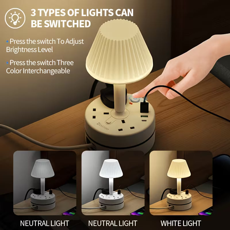 Smart LED Desk Lamp with USB & AC Power Strip Color Dimmable Eye-Care Light | Multiple Outlets, Safety Socket | Bedside Reading for Home, Office