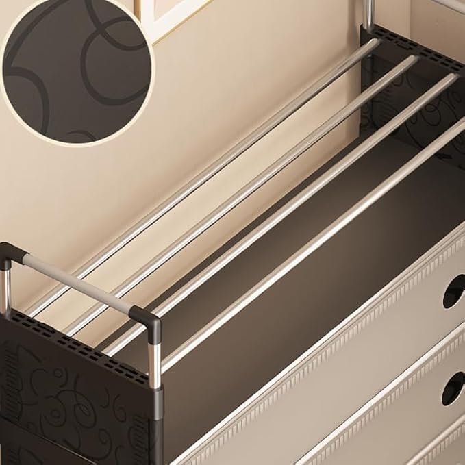Multifunctional Entryway Storage Rack with Hanging Bar, Shoe Shelf, and Drawers (5 Tier, Plastic cabinets, hanging hooks with metal frame) (BLACK & WHITE, 5 LAYER)