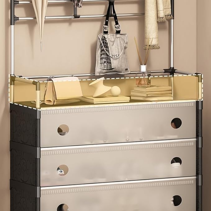 Multifunctional Entryway Storage Rack with Hanging Bar, Shoe Shelf, and Drawers (5 Tier, Plastic cabinets, hanging hooks with metal frame) (BLACK & WHITE, 5 LAYER)
