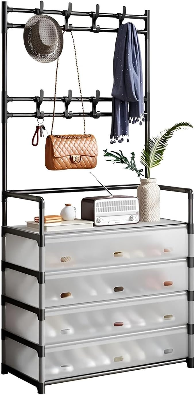 Multifunctional Entryway Storage Rack with Hanging Bar, Shoe Shelf, and Drawers (5 Tier, Plastic cabinets, hanging hooks with metal frame) (BLACK & WHITE, 5 LAYER)