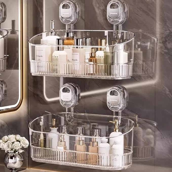 No-Drill Bathroom Suction Storage Box,Large Capacity & Strong Load-Bearing,Removable Shower Basket,Glacier Pattern Suction Cup Shower Caddy Hanging Shower Shelf Organizer