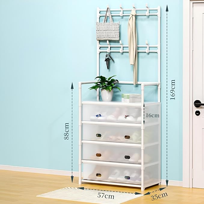 Multifunctional Entryway Storage Rack with Hanging Bar, Shoe Shelf, and Drawers (5 Tier, Plastic cabinets, hanging hooks with metal frame) (BLACK & WHITE, 5 LAYER)