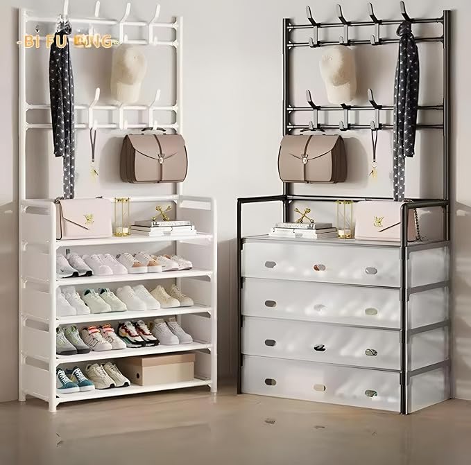 Multifunctional Entryway Storage Rack with Hanging Bar, Shoe Shelf, and Drawers (5 Tier, Plastic cabinets, hanging hooks with metal frame) (BLACK & WHITE, 5 LAYER)