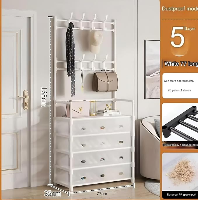 Multifunctional Entryway Storage Rack with Hanging Bar, Shoe Shelf, and Drawers (5 Tier, Plastic cabinets, hanging hooks with metal frame) (BLACK & WHITE, 5 LAYER)