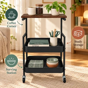 Luxury Rolling Side Table With Storage Shelves – Modern Multi-Purpose Utility Cart For Living Room Bedroom Office