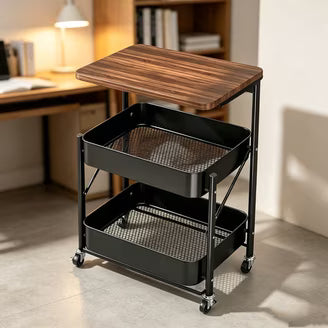 Luxury Rolling Side Table With Storage Shelves – Modern Multi-Purpose Utility Cart For Living Room Bedroom Office